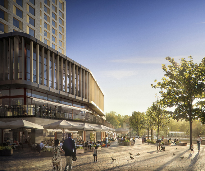 Bild på hotellet och kajen vid maren