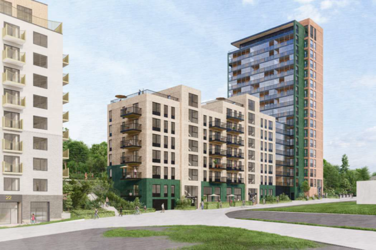 Visionsskiss, vy från Viksängsvägen över den västra delen av kvarteret.