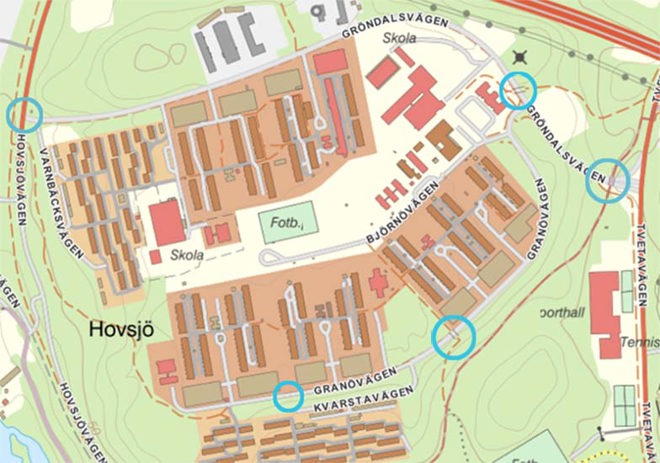 Karta över Hovsjö med markerade tunnelrenoveringar